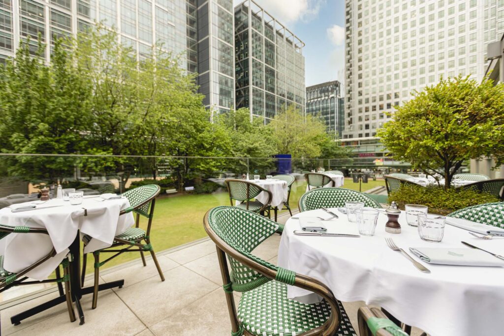 Terrace dining at The Ivy In The Park, Canary Wharf.