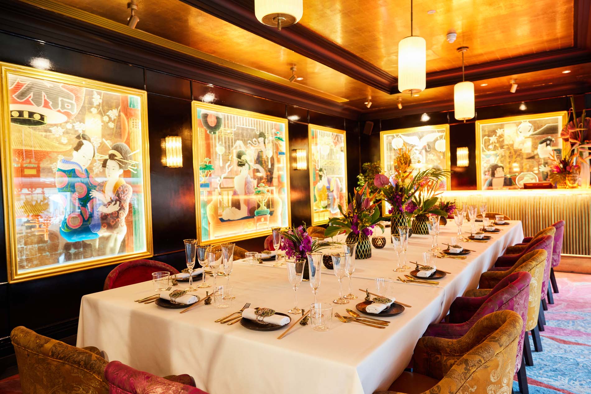 Interior of The Geisha Room at The Ivy Spinningfields, Manchester.