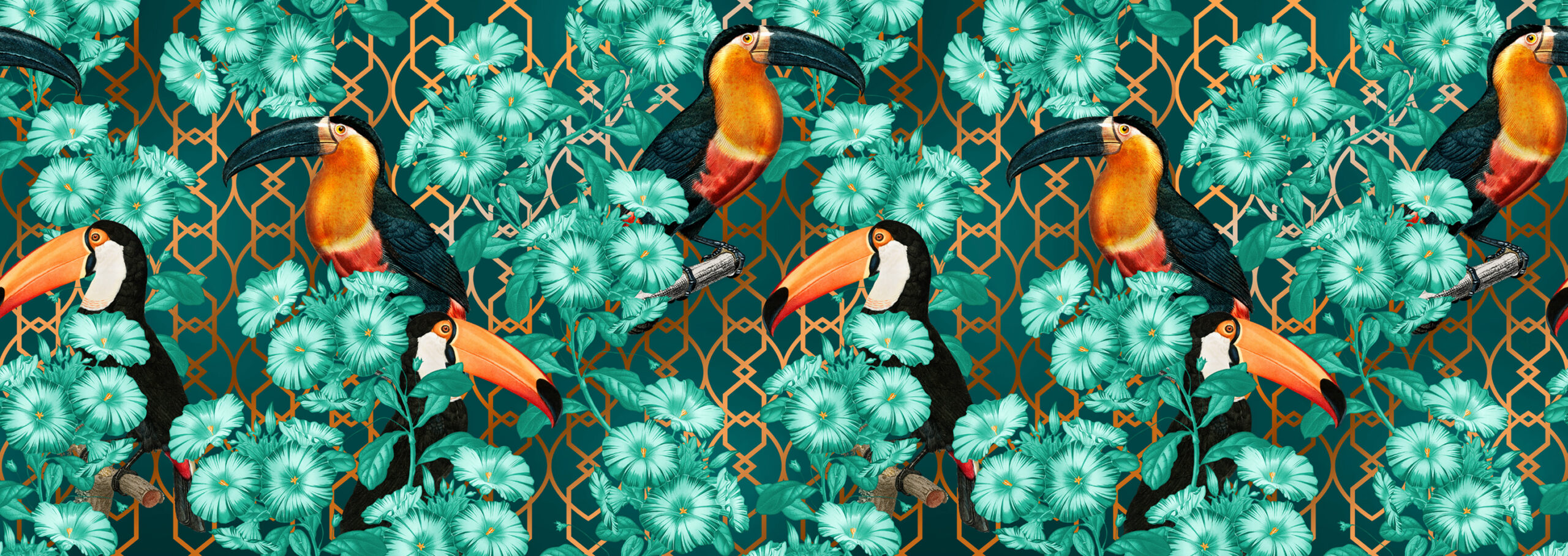 Painted wallpaper of toucans in green foliage
