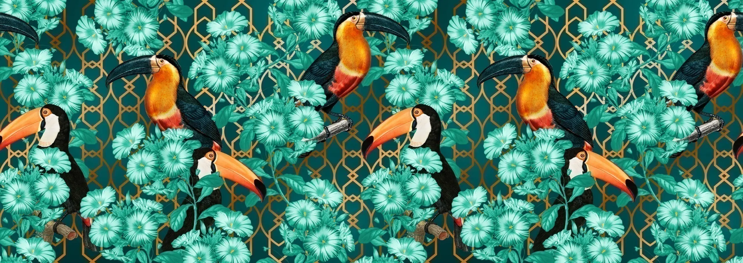 Painted wallpaper of toucans in green foliage